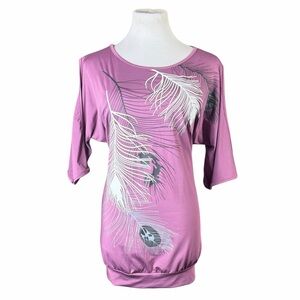10/$25🦋 Relipop Purple Peacock Feather Cold Shoulder 3/4 Sleeve Blouse - Large